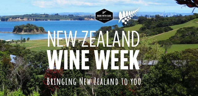 Landscape image with rolling hills and water. Text on the image says New Zealand Wine Week and bringing New Zealand to you. 