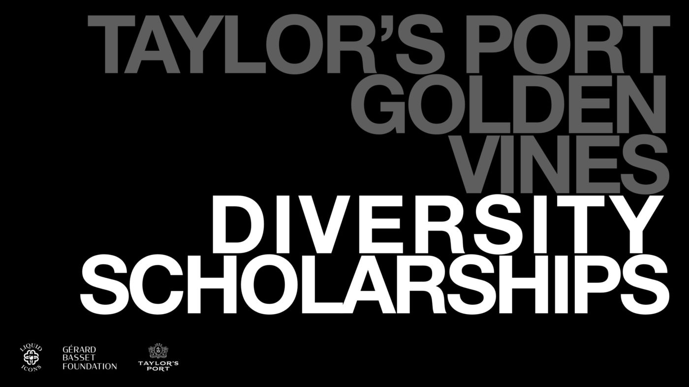 Image is a black square with the text Taylor's Port Golden Vines Diversity Scholarships. It has three logos for Liquid Icons, Gerard Basset Foundation and Taylor's Port.