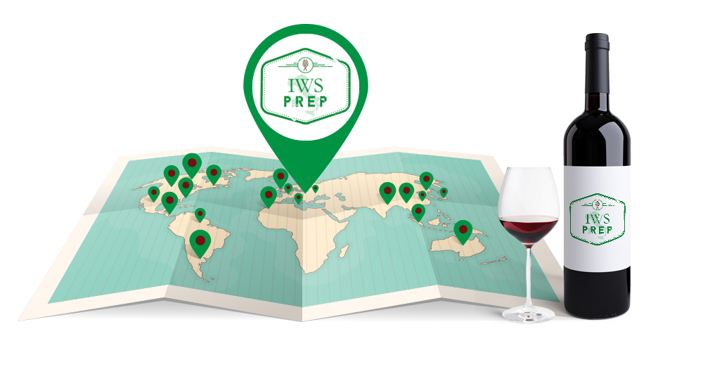 Image of a map with a bubble above it to that says IWS Prep. On the other side, there is a glass of red wine and a bottle of wine that says IWS Prep.