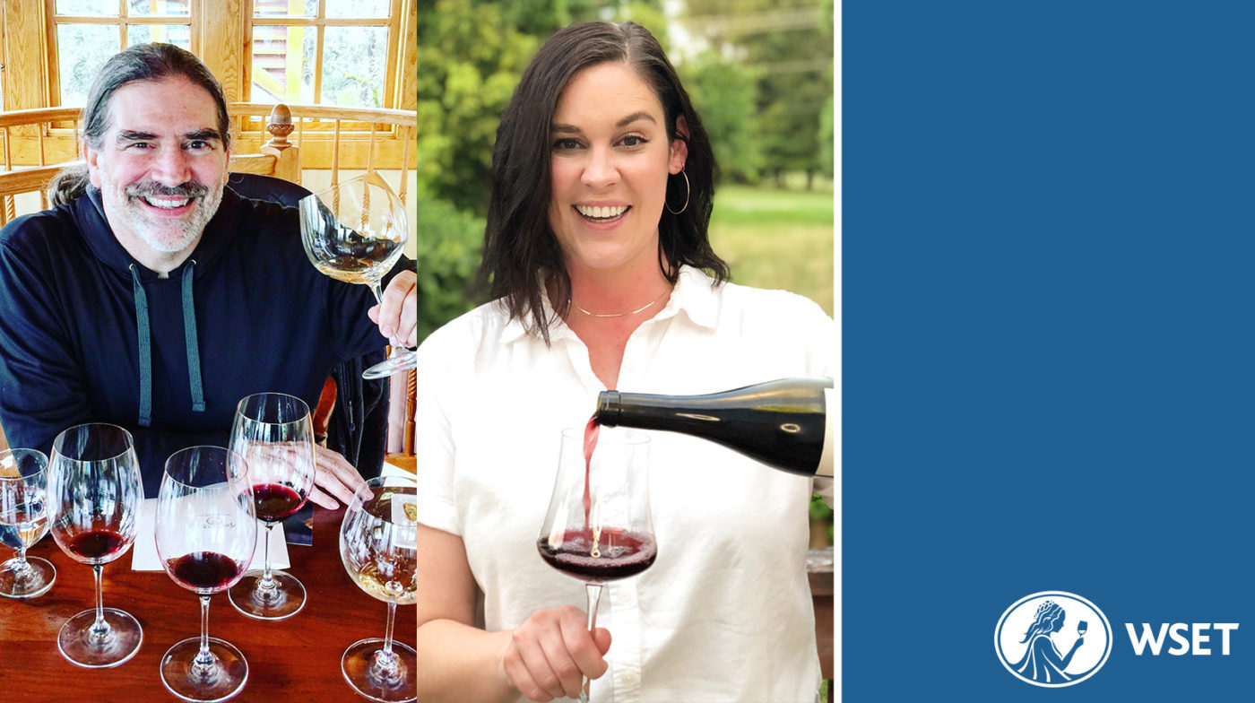 3 images in one. The one on the left is a man smiling with a gray ponytail in front of various red wines. The middle image is a wine smiling while pouring a glass of red wine. The last is a blue image with the WSET logo.