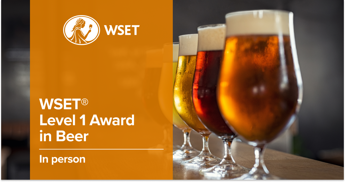 Four glasses of beer with different hues. The text says WSET Level 1 Award in Beer, in-person.