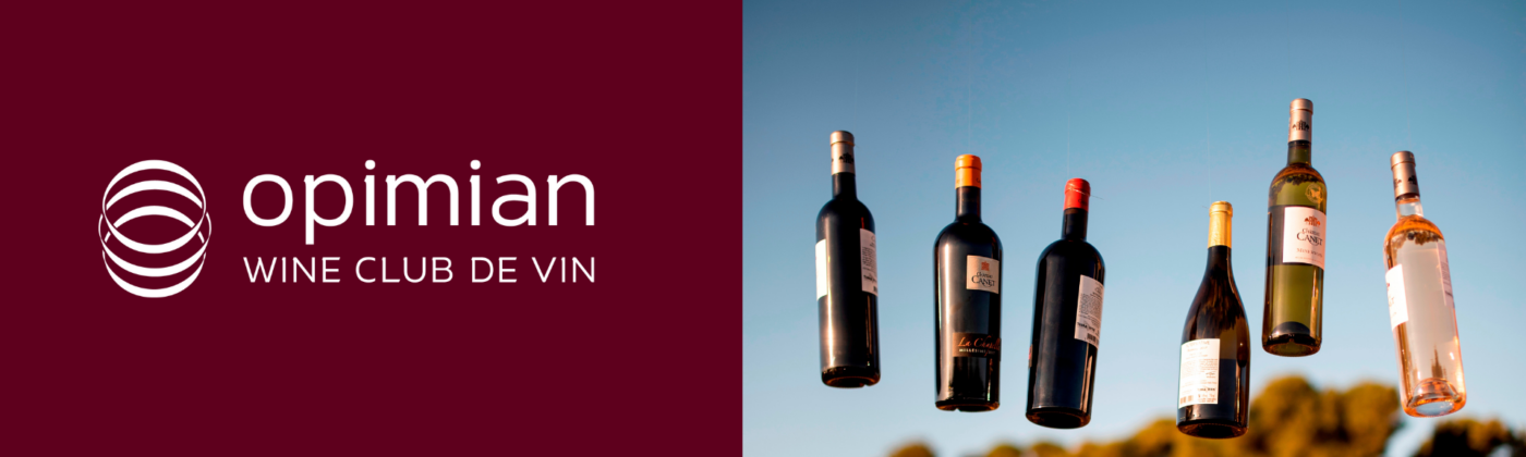 Image of wine bottles in the sky with the text Opimian Wine Club de Vin