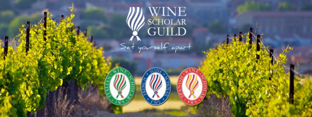 A vineyard with three images of crests that say Italian Wine Scholar, French Wine Scholar and Spanish Wine Scholar. Above them is the Wine Scholar Guild logo with the text set yourself apart.