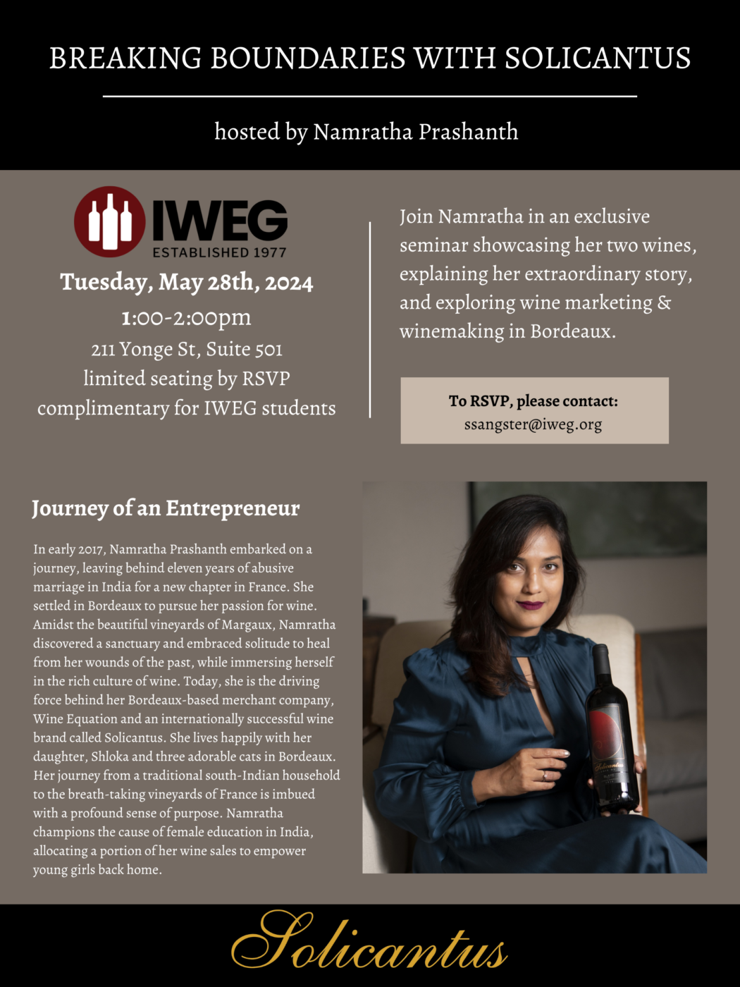 Join Namratha in an exclusive seminar showcasing her two wines, explaining her extraordinary story, and exploring wine marketing & winemaking in Bordeaux.